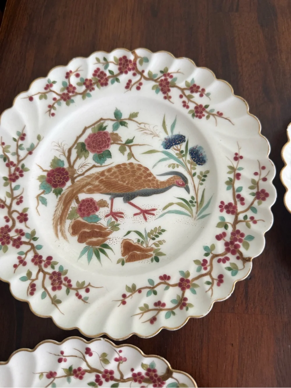 Scalloped Ceramic Dinner Plate with Peacock & Rooster Motifs - White Multi-Color